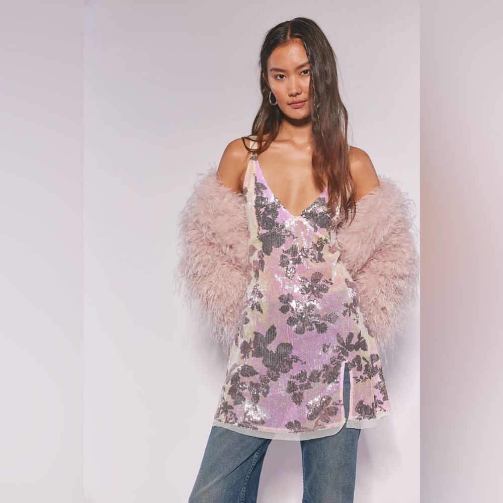 Free People Dazzle Me Sequin Jacquard Mini Slip Dress Blush Pink Combo